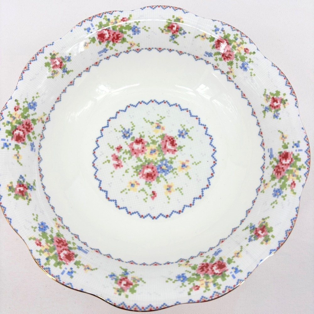 Royal Albert Petit Point China Soup Bowl England Floral Cross Stitch Gold Rim